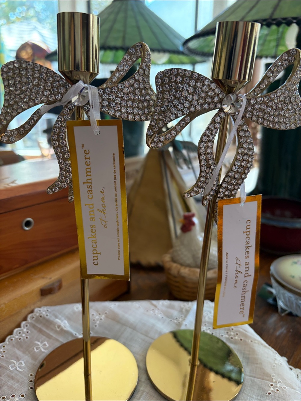 cupcakes & cashmere Gold Rhinestone Bow Candle Holders, Pair